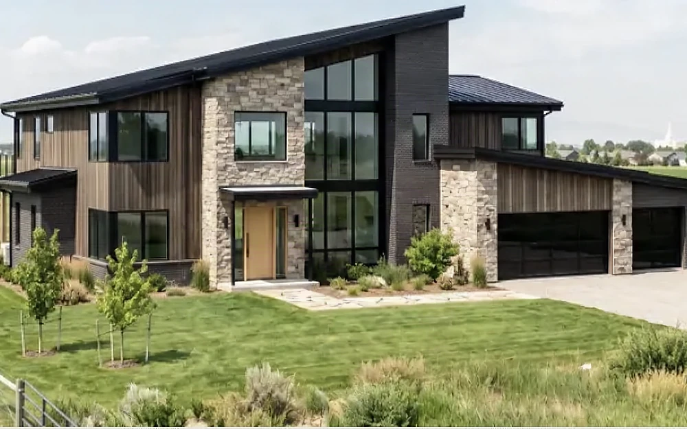 A completed custom home: dark brick, stone and cedar under a shed roof, a three-car garage, open fields behind