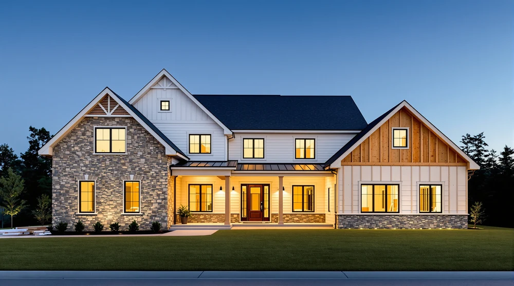 A home addition: a new wing framed onto a finished house