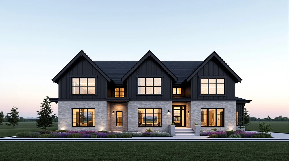 Black and stone: stone gables in black steel over board and batten