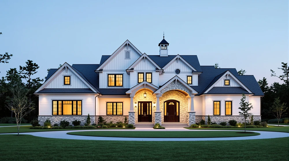 Classic craftsman: lap siding over a stone base, stacked gables