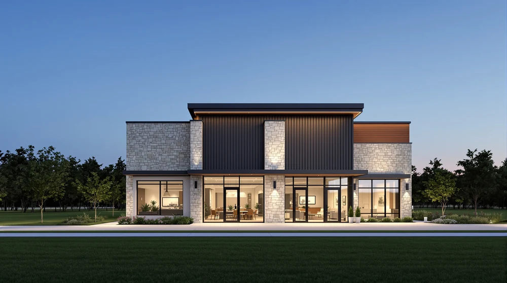 Commercial: a glass storefront under a black steel canopy