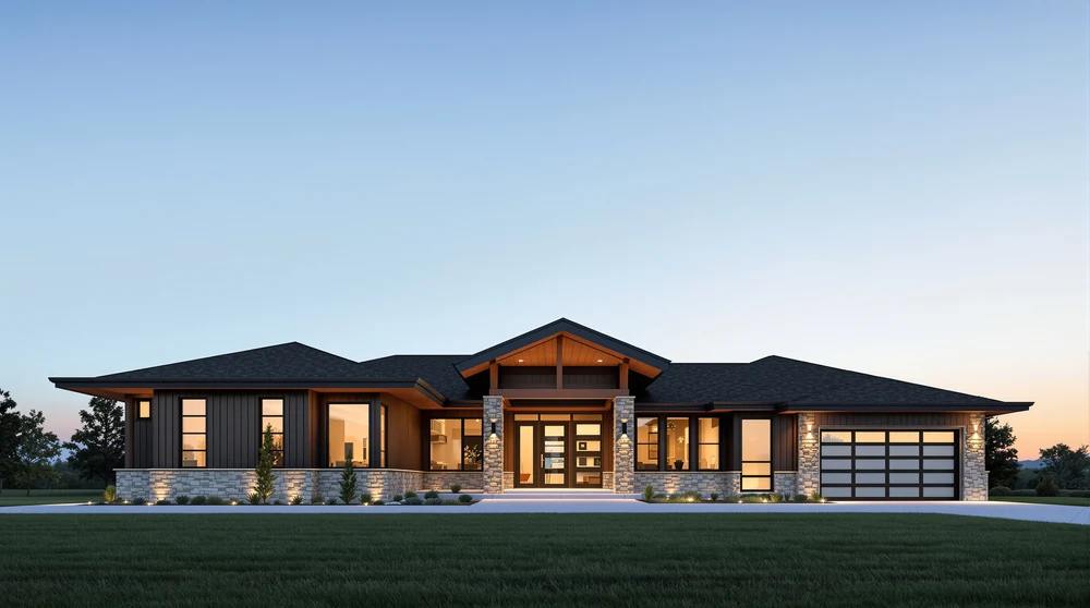 Contemporary prairie: low hipped roofs, deep overhangs, a two-story glass entry