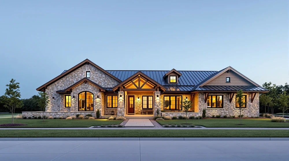 Hill country: rough limestone, vertical wood, arched openings