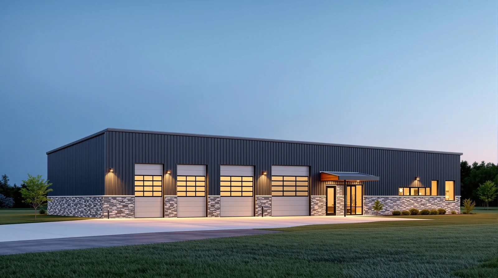 A long charcoal industrial building with three roll-up doors