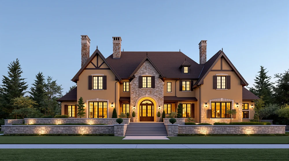 Manor estate: stucco and stone, two chimneys, terraced garden walls