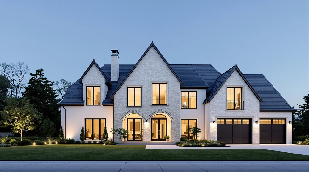 Modern European: white-washed limestone, steep slate, an arched entry