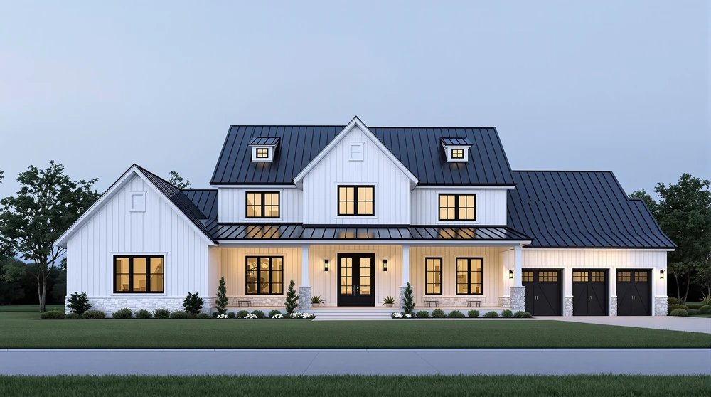 Modern farmhouse: white lap siding, black gables, a full-width porch