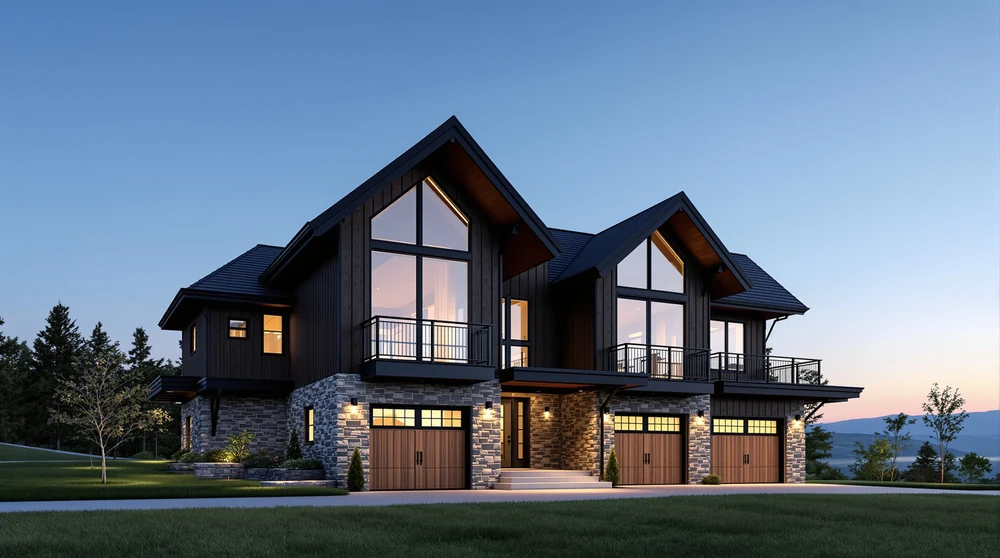 Mountain modern: dark wood, stone piers, tall glass gables