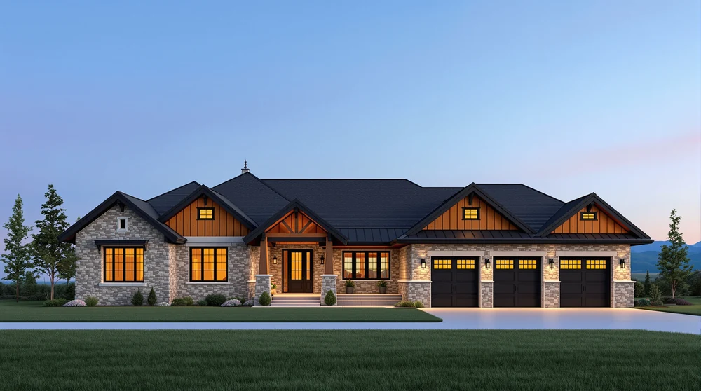 Mountain ranch: three stone gables under one long roof