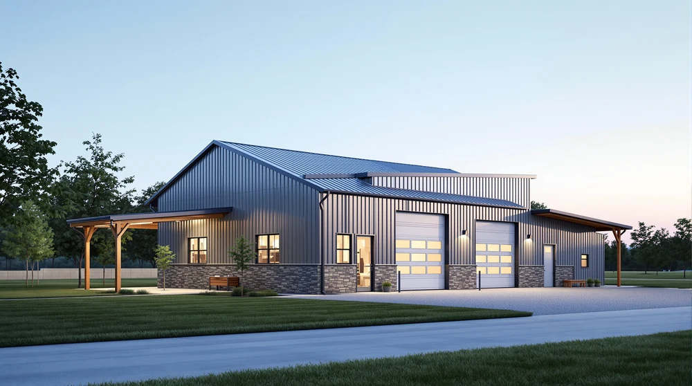 Galvanized: galvalume panel, roll-up doors, a lean-to down one side