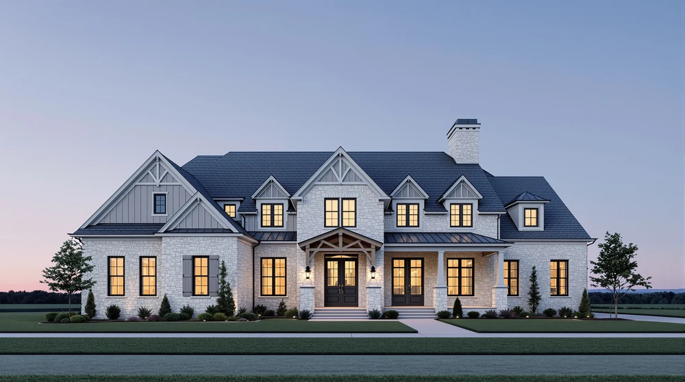 Transitional stone: light gray stone, steep slate gables, a timber portico